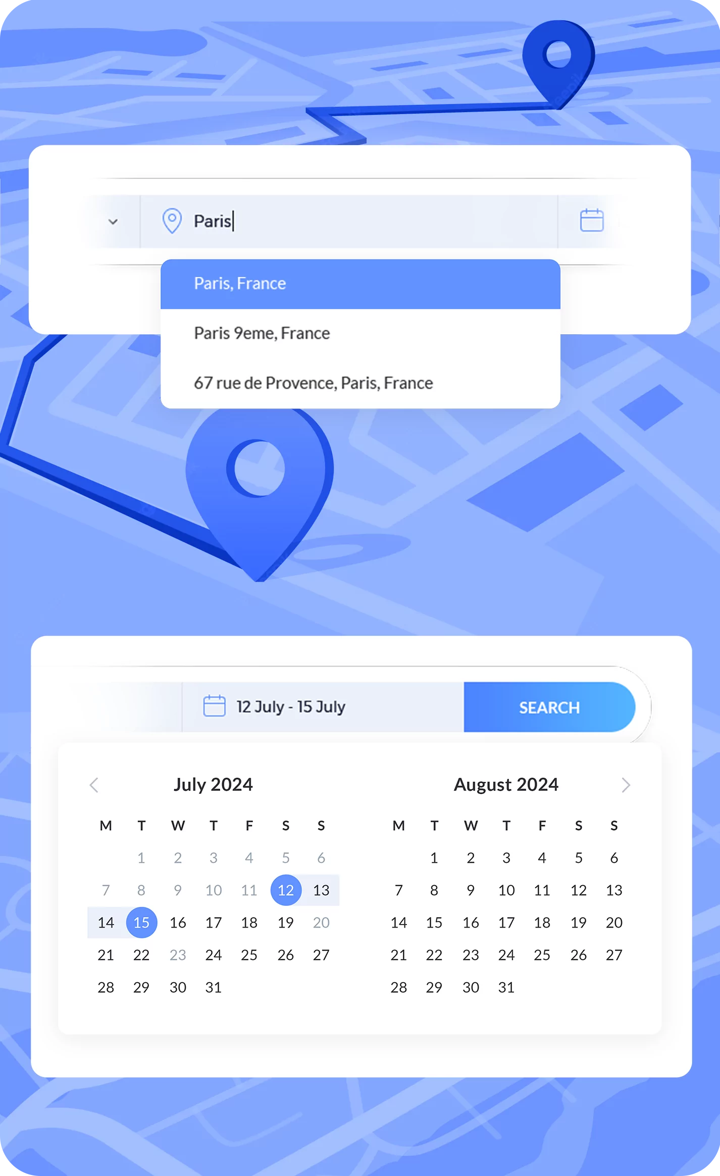 Search by date and location on a marketplace